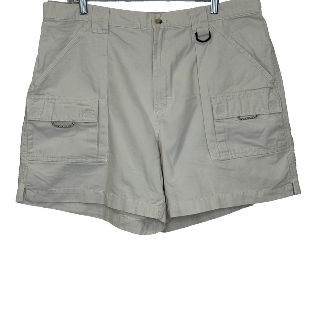 Columbia Cargo Shorts Mens Sz XL Off White Canvas Elastic Across the Back Hiking